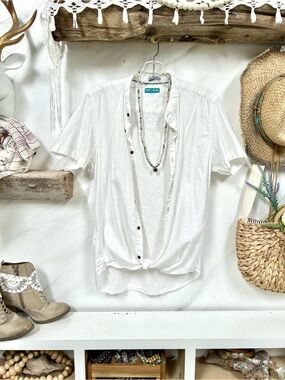 LINEN Short Sleeve boho Shirt/cover up w resort vacay beach shabby chic vibe